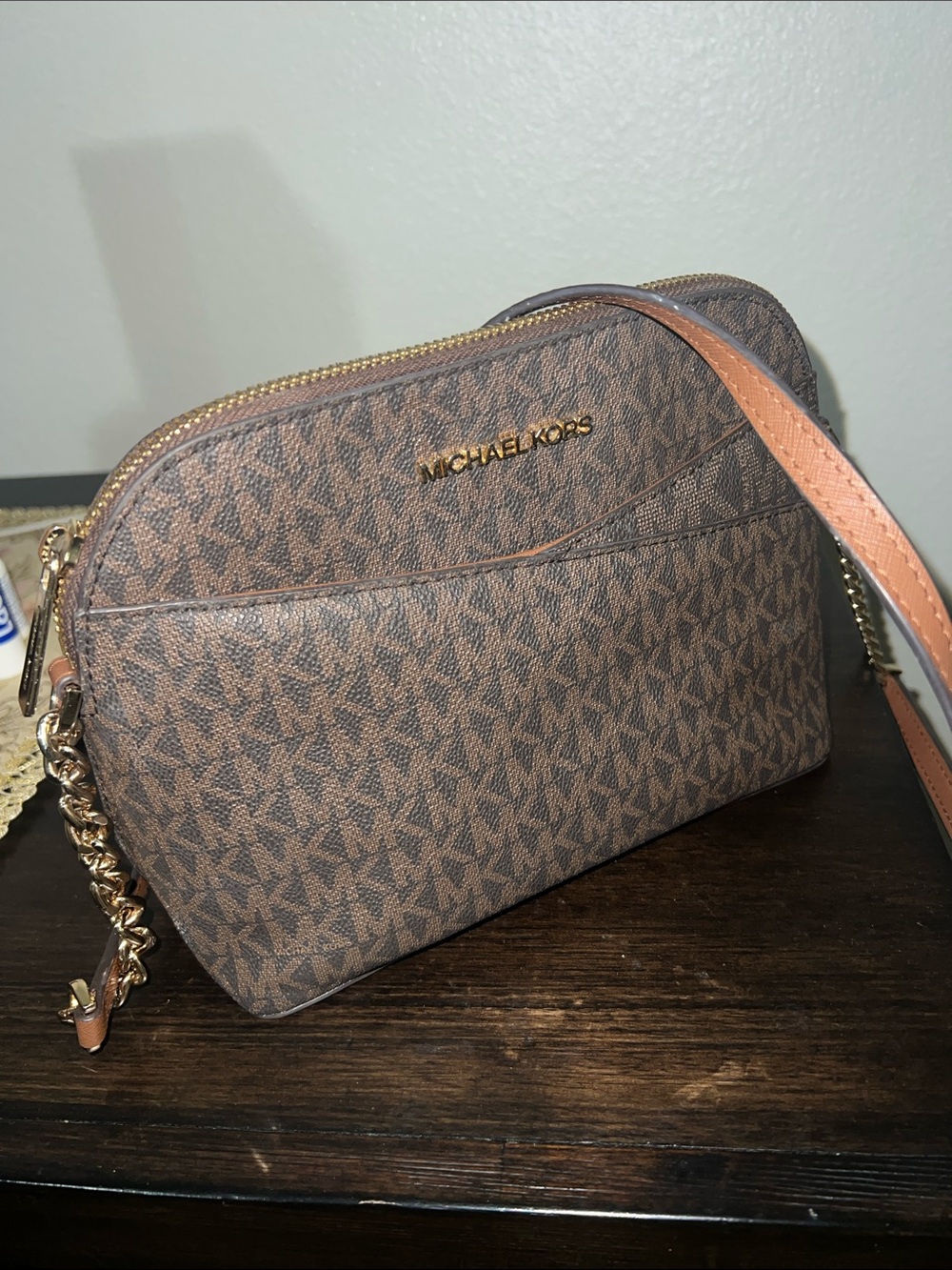 Women’s Michael Kors Brown Logo-Print Crossbody with Gold Hardware